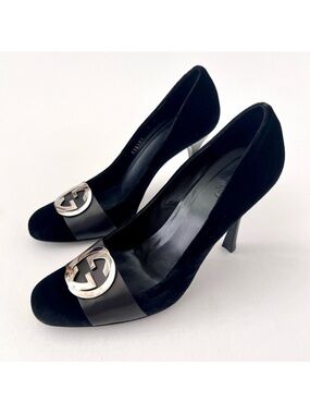 GUCCI || Black Velour Silver GG Logo Pumps Stiletto Heel Vintage Y2K‎ Size 9